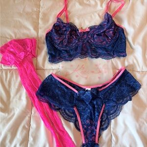 Lace Bra and Panty Set - Blue and Pink